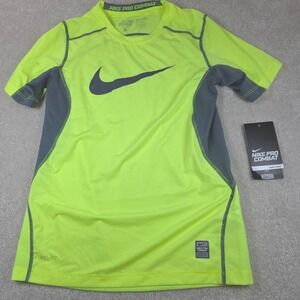 Nike Pro Combat Shirt Kids Medium M Neon Yellow Grey Dri-FIT Fitted 479985-704